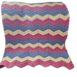 Vintage Crochet Afghan Blanket 84x68 Chevron Pastel Throw Cottagecore
